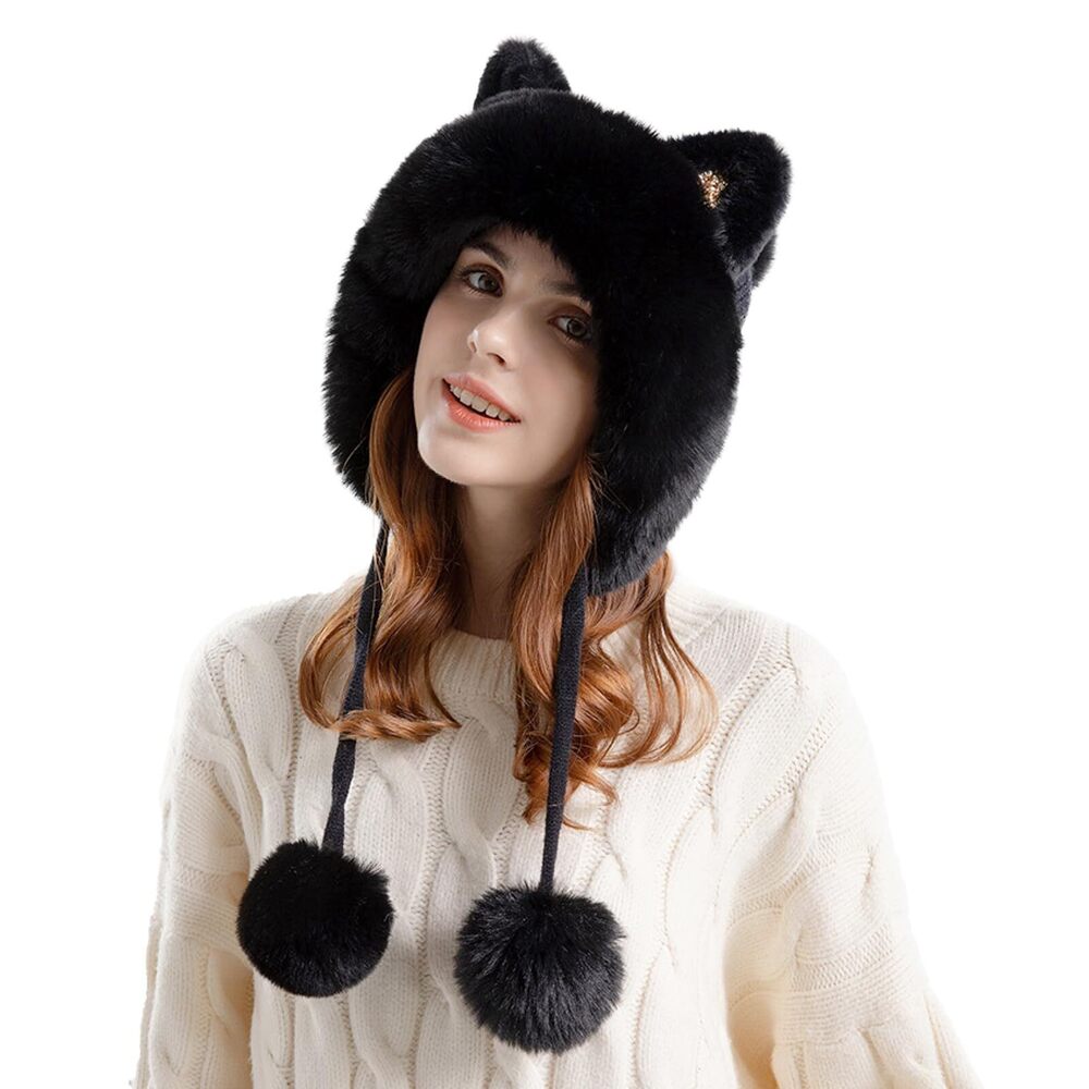 9263 Girls Cat Ears Fleece Lined Hat, Winter Warm Knitted Beanie Slouchy